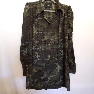 John Richmond sheer Camo button down long sleeve JR initials on entire dress S